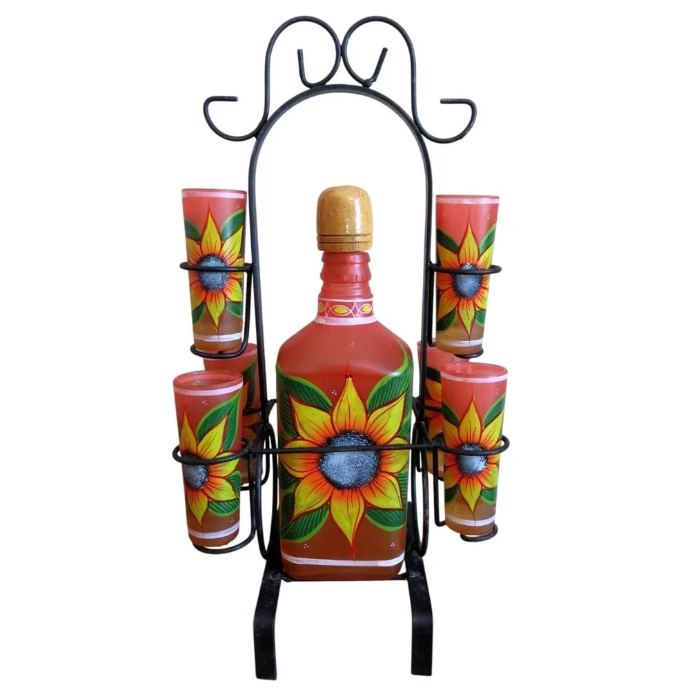 Mexican Hand Painted Sunflower Tequila Decanter Set 6 Shot Glasses Wrought Iron